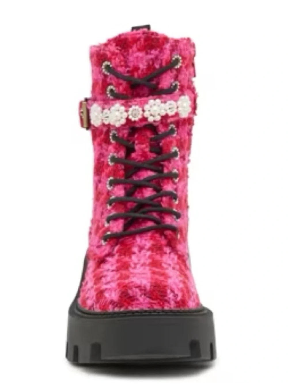 Kids Pink Faux-Fur Lace-Up Combat Boot with Pearl Strap